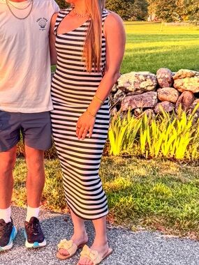 Striped Black & White Summer Dress -  Women’s Casual Midi